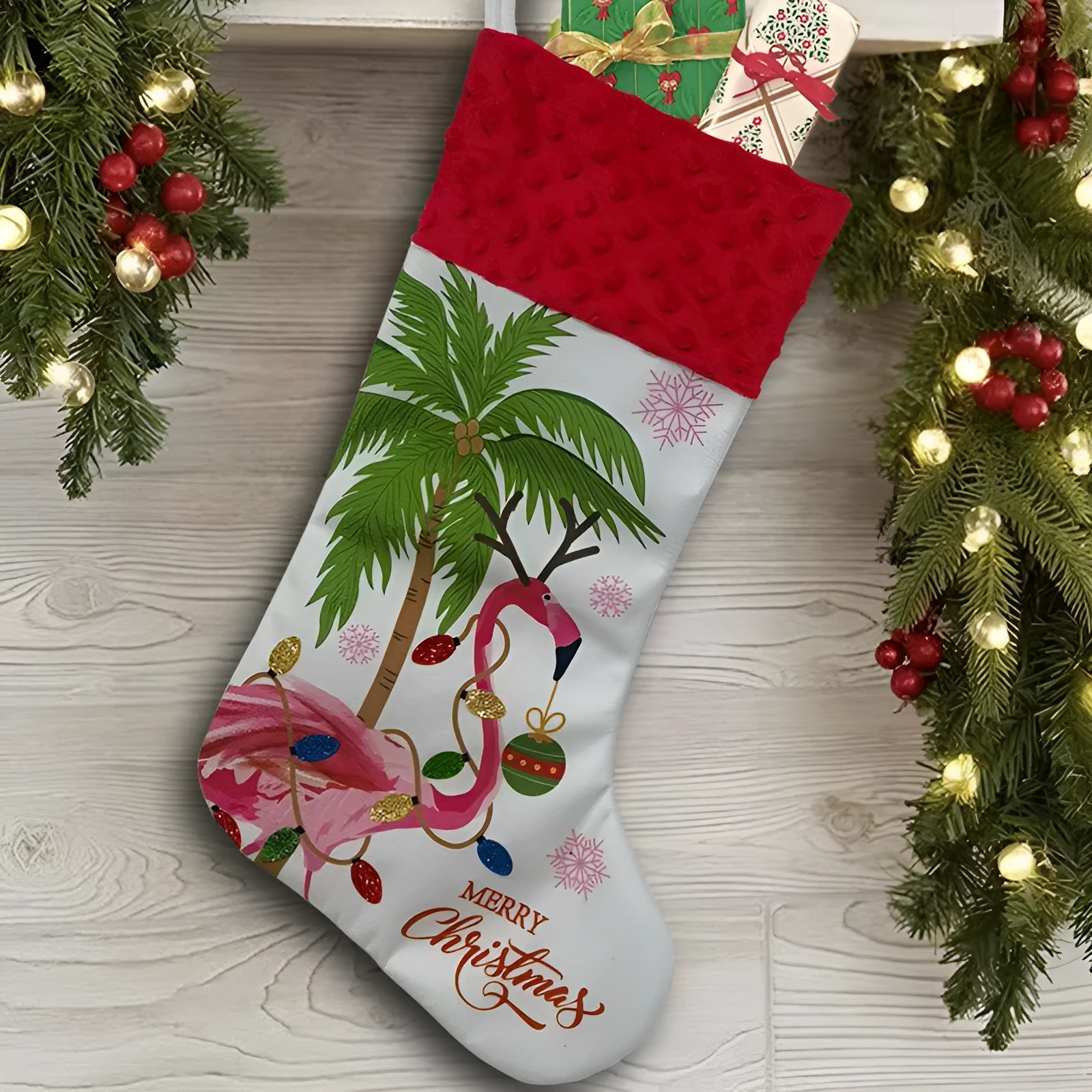 Flamingo Christmas stocking decoration measuring 46cm by 28cm in cloth material