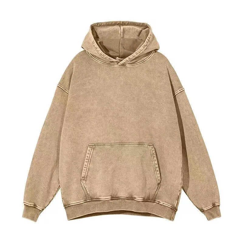 Men's retro washed cotton hoodie pullover in brown, loose fit, batik process, long sleeve, collarless