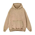 Men's retro washed cotton hoodie pullover in brown, loose fit, batik process, long sleeve, collarless