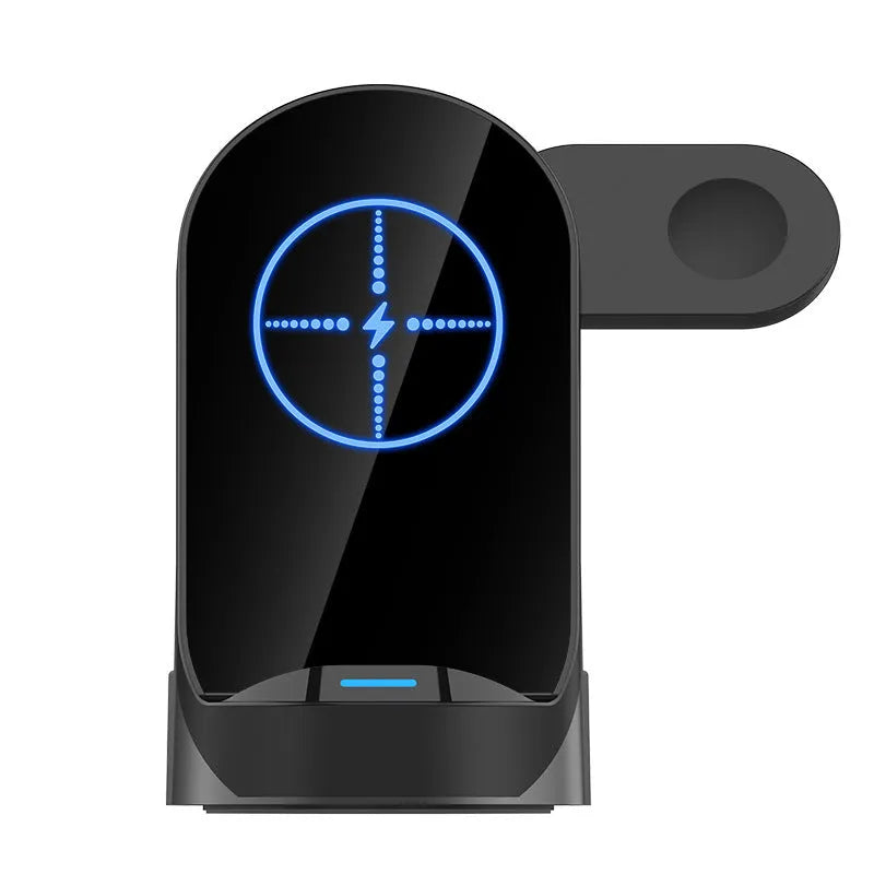 Black foldable 3-in-1 wireless charger stand vertical view showing phone watch and earbud charging spots