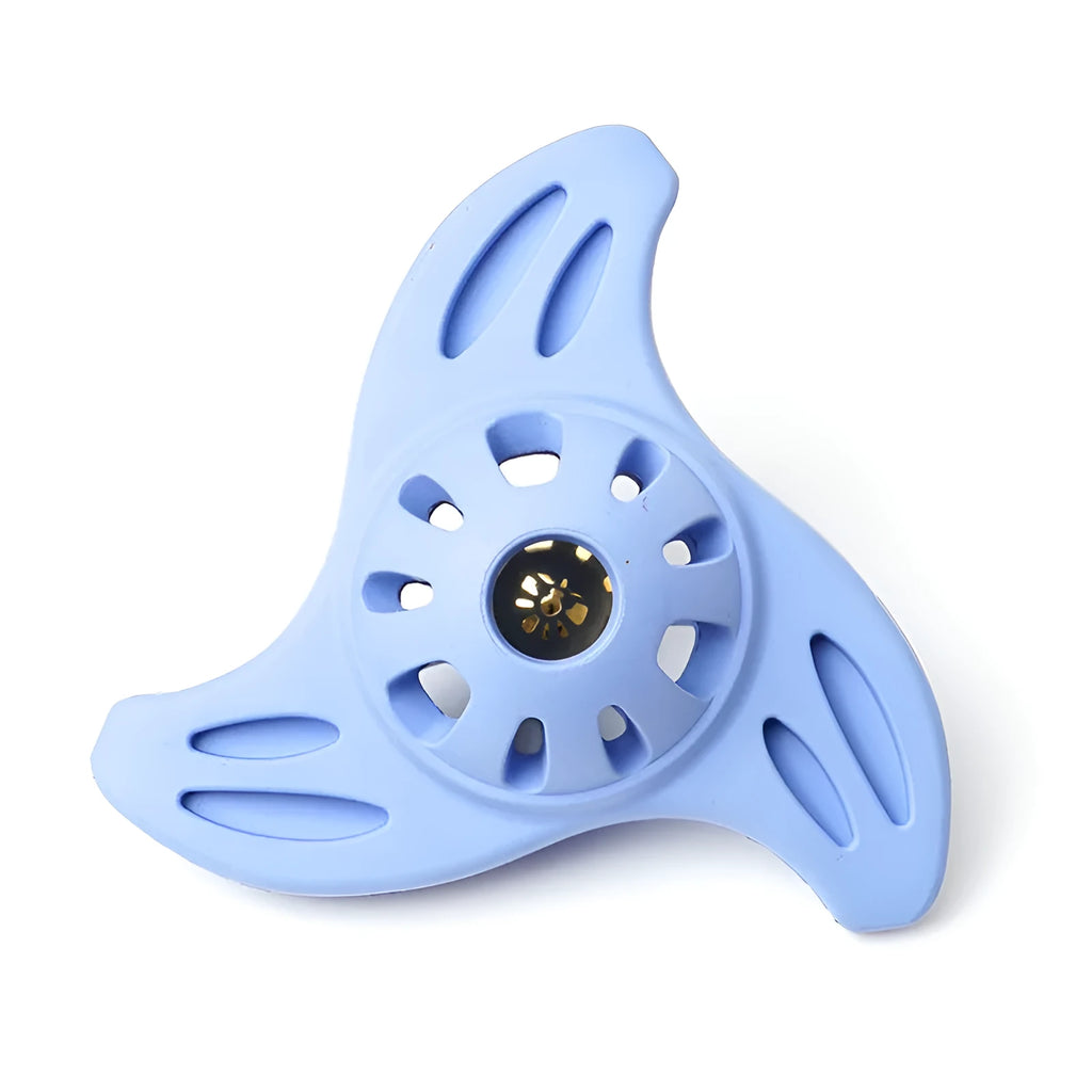 Blue bite-resistant boomerang-shaped dog chew toy with molar texture for large dogs.