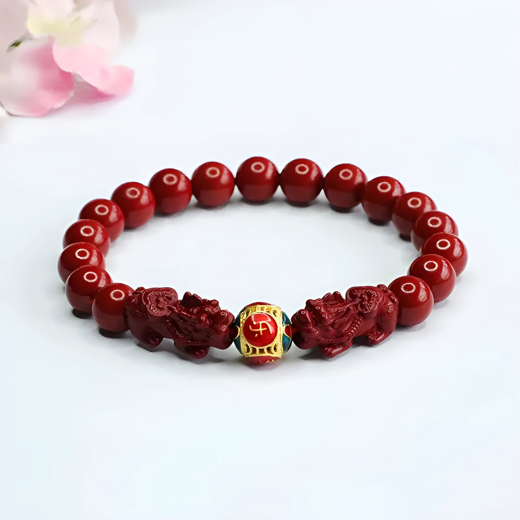 Cinnabar double pixiu women's bracelet with 8mm beads, purple gold sand finish, and leather cord