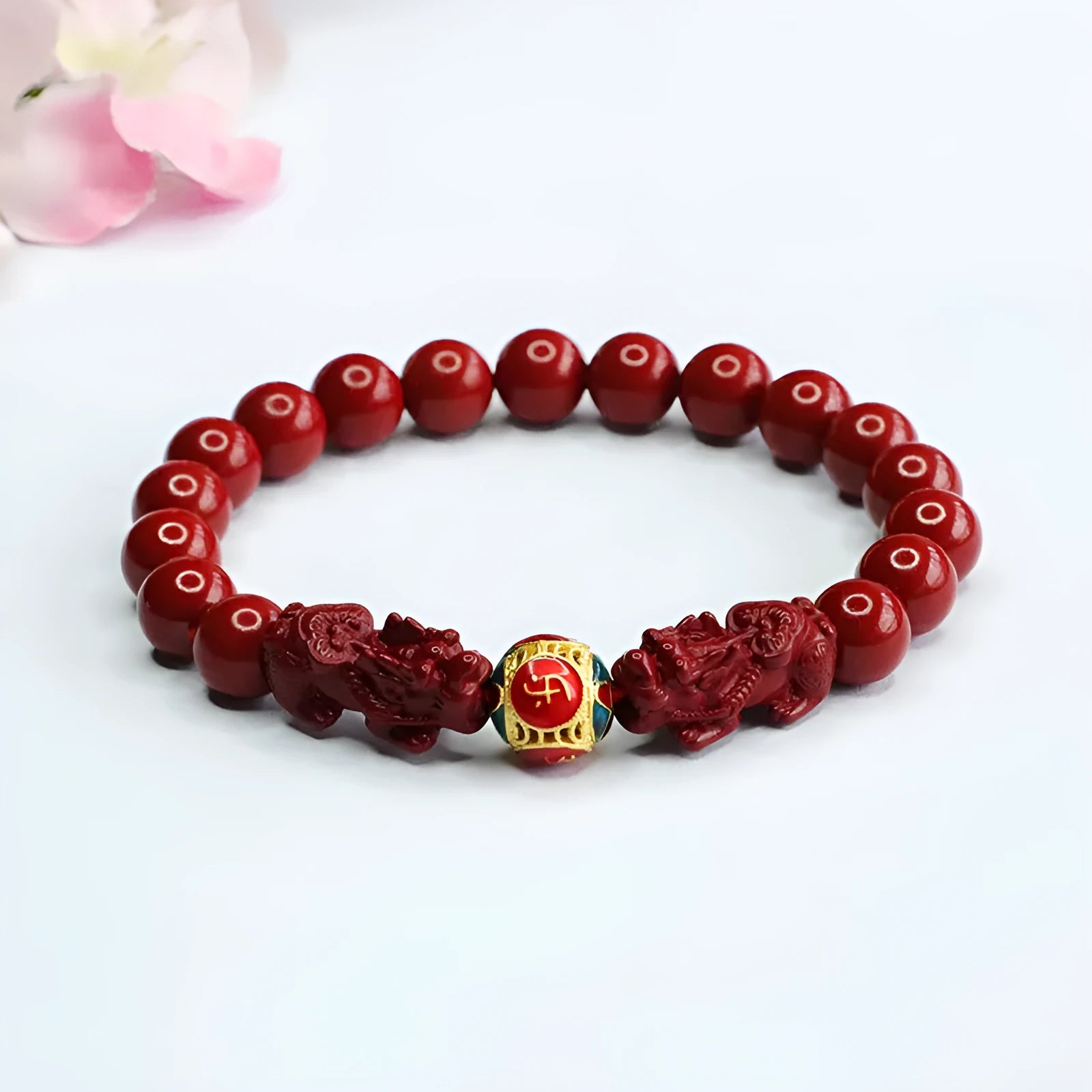 Cinnabar double pixiu women's bracelet with 8mm beads, purple gold sand finish, and leather cord
