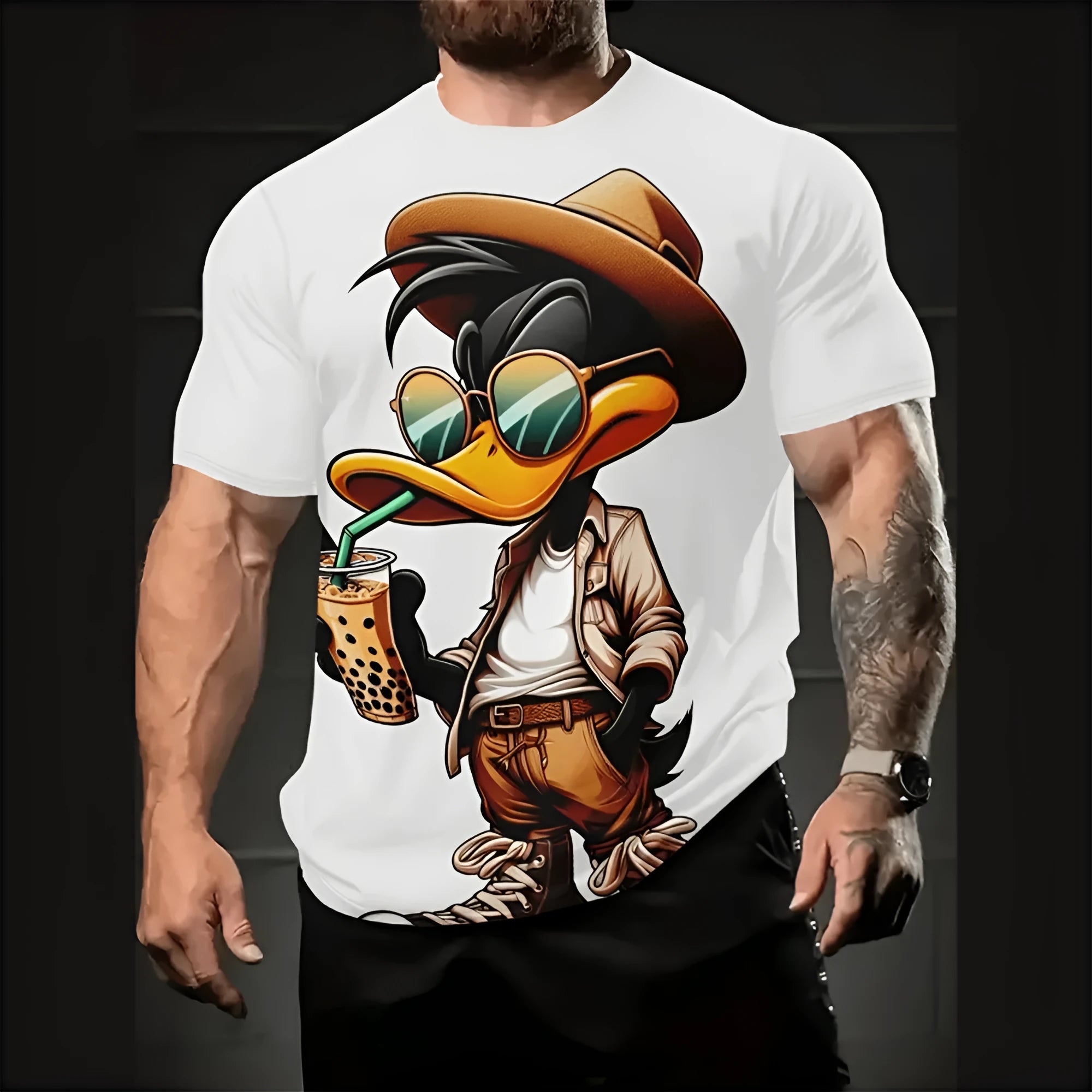Men's loose-fit grey T-shirt with a large 3D cartoon graphic print on the front.