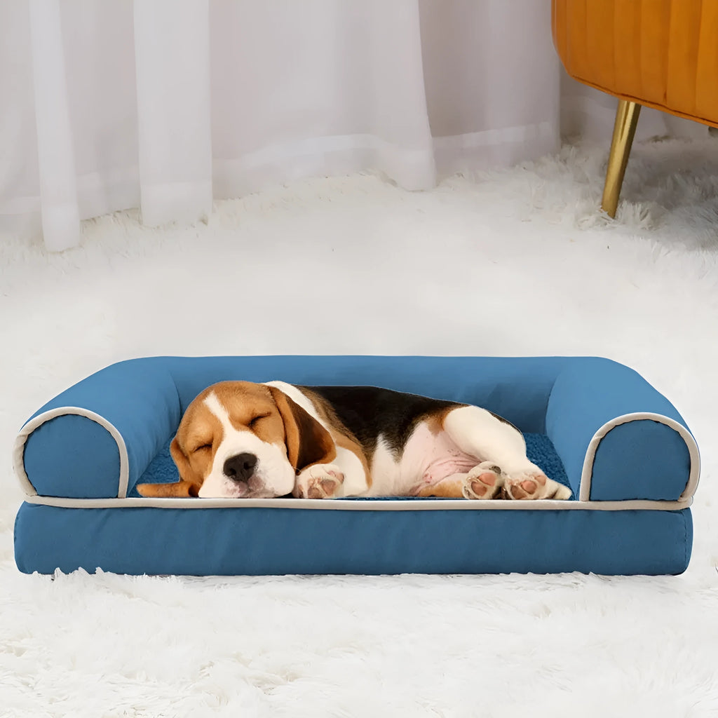 Square dog bed with sponge filling in blue colour showing breathable construction