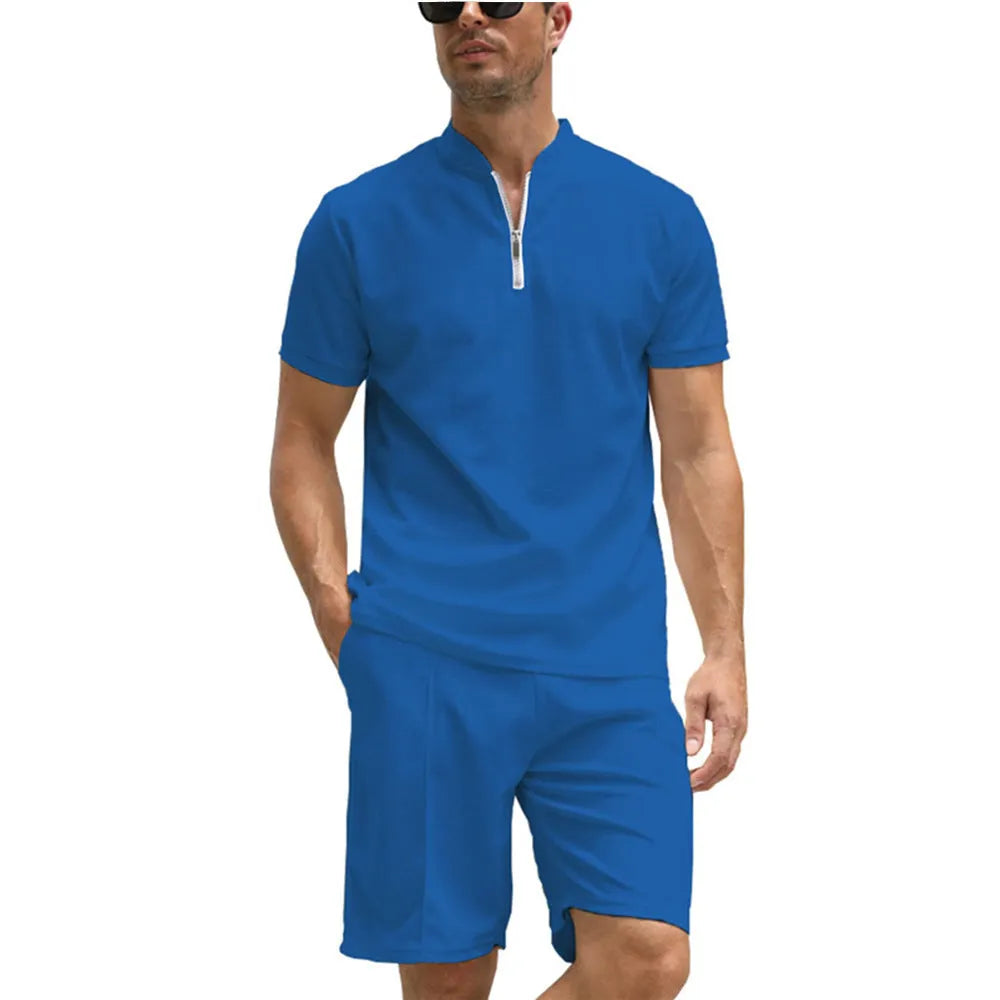 Men's solid colour polo shirt suit two-piece set in beaded bird's eye fabric with Asian sizing options