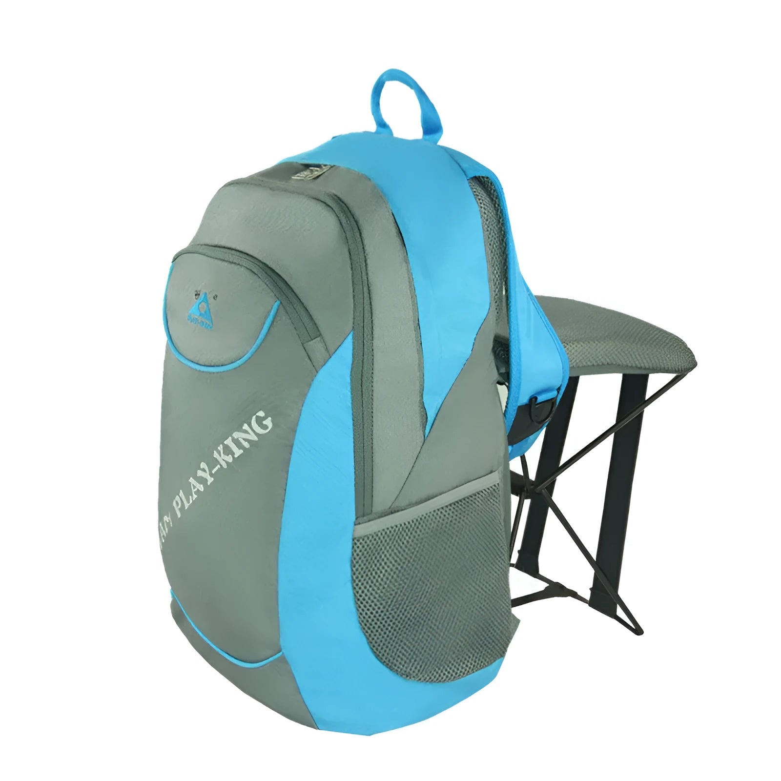 Multi-functional outdoor backpack with folding chair, tubular steel frame, 36-55L capacity, polyester, available in green, blue, black, red
