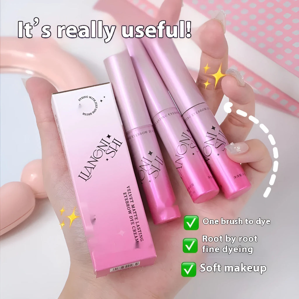 Long-lasting velvet matte eyebrow cream container showing four colour options including milk coffee coconut palm shade