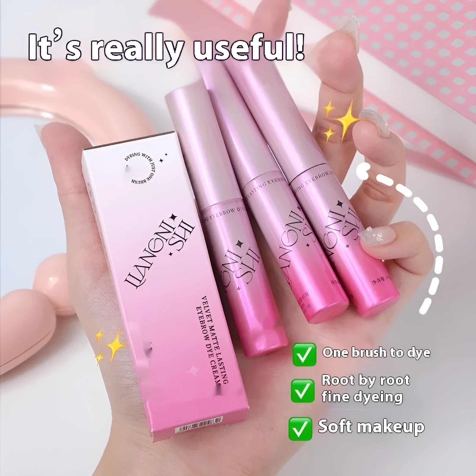 Long-lasting velvet matte eyebrow cream container showing four colour options including milk coffee coconut palm shade