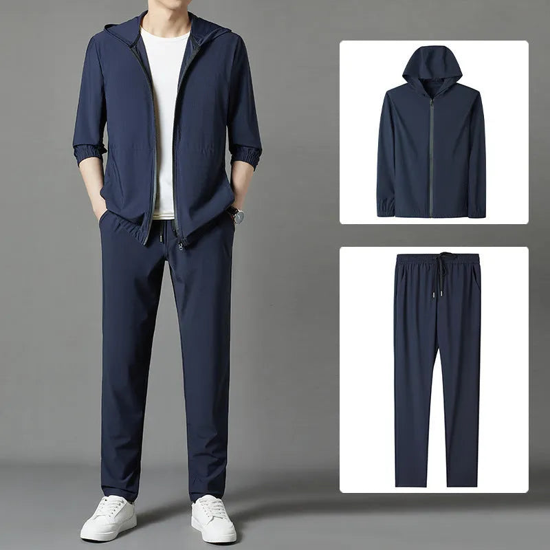 Korean sun-protective hooded suit in blue, loose casual style for youth, with top stitching slit pockets