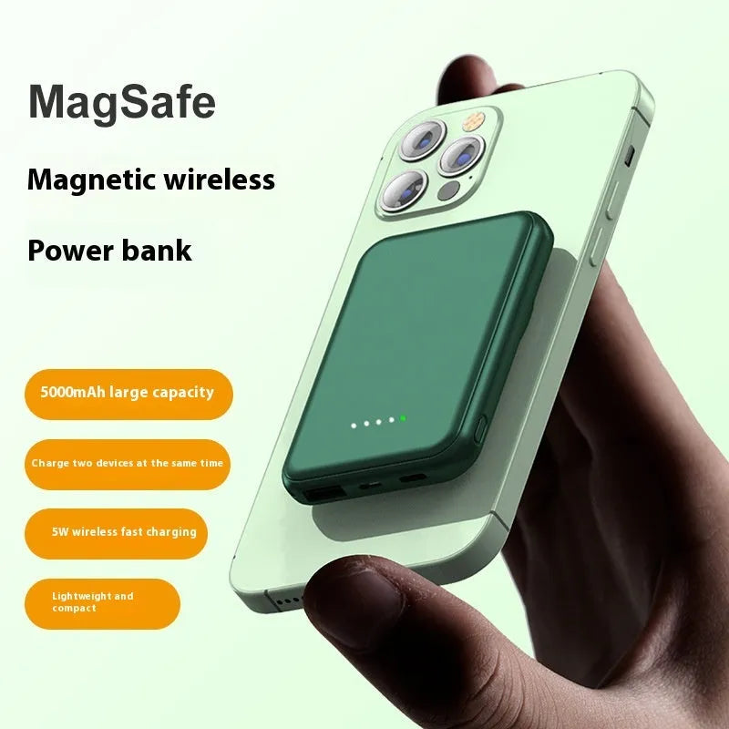 Portable magnetic wireless charging power supply 5000mAh in white, showing slim plastic shell and compact size