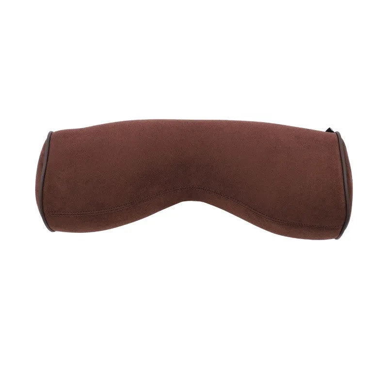 Minimalist brown synthetic fibre headrest cushion and neck pillow for a Volvo car seat.