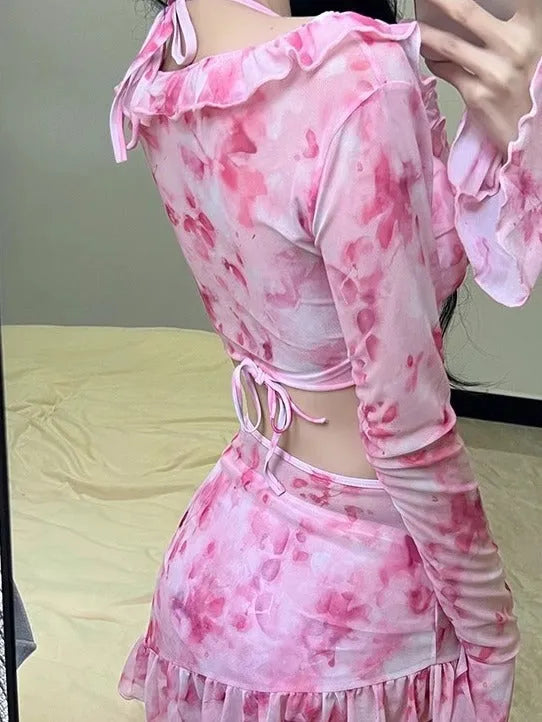 Women's floral bikini swimsuit in cherry blossom pink colour with Asian sizing options