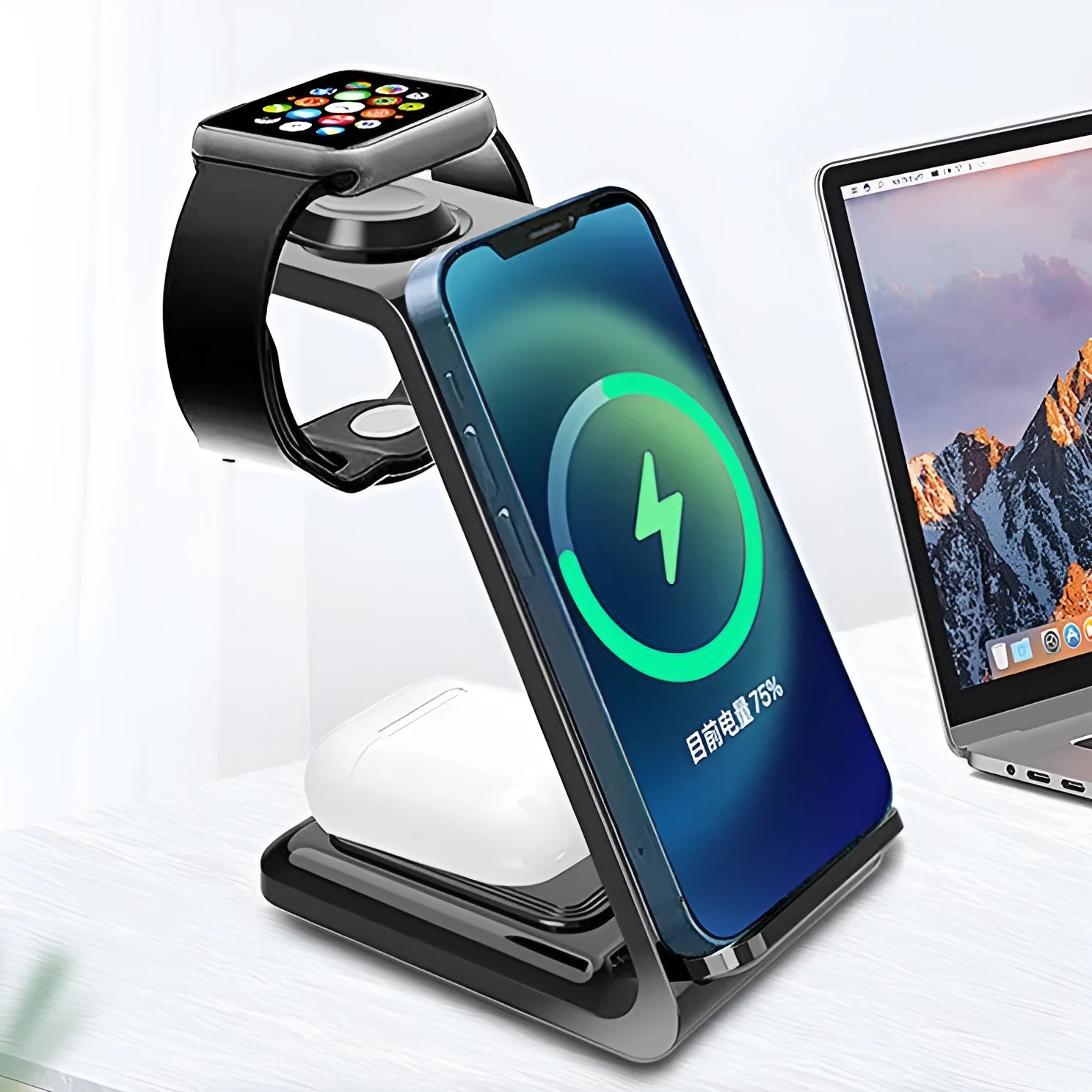 White 3-in-1 upright wireless phone charger holder with Type-C cable on desk