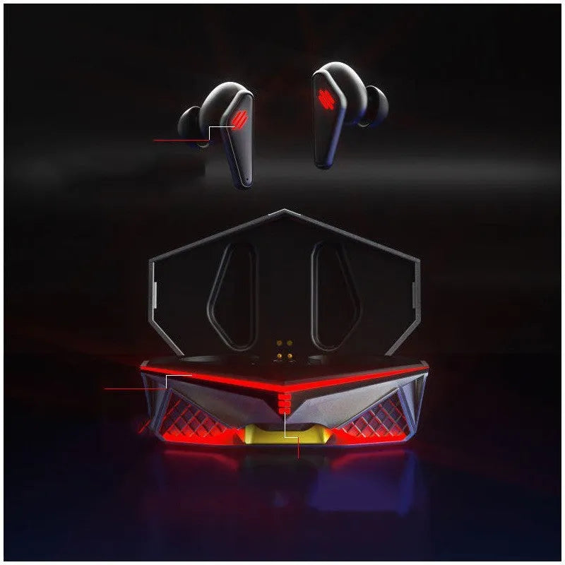 K98 Black wireless Bluetooth gaming earphones with charging case.