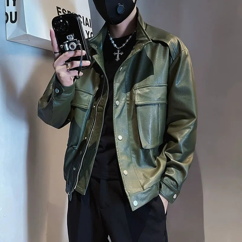 Men's black Korean-style pilot leather jacket with side pockets and straight hem