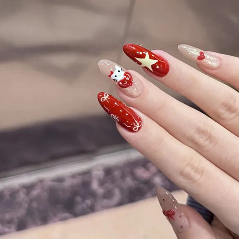Sweet girl press on fake nails with short almond designs in random colours