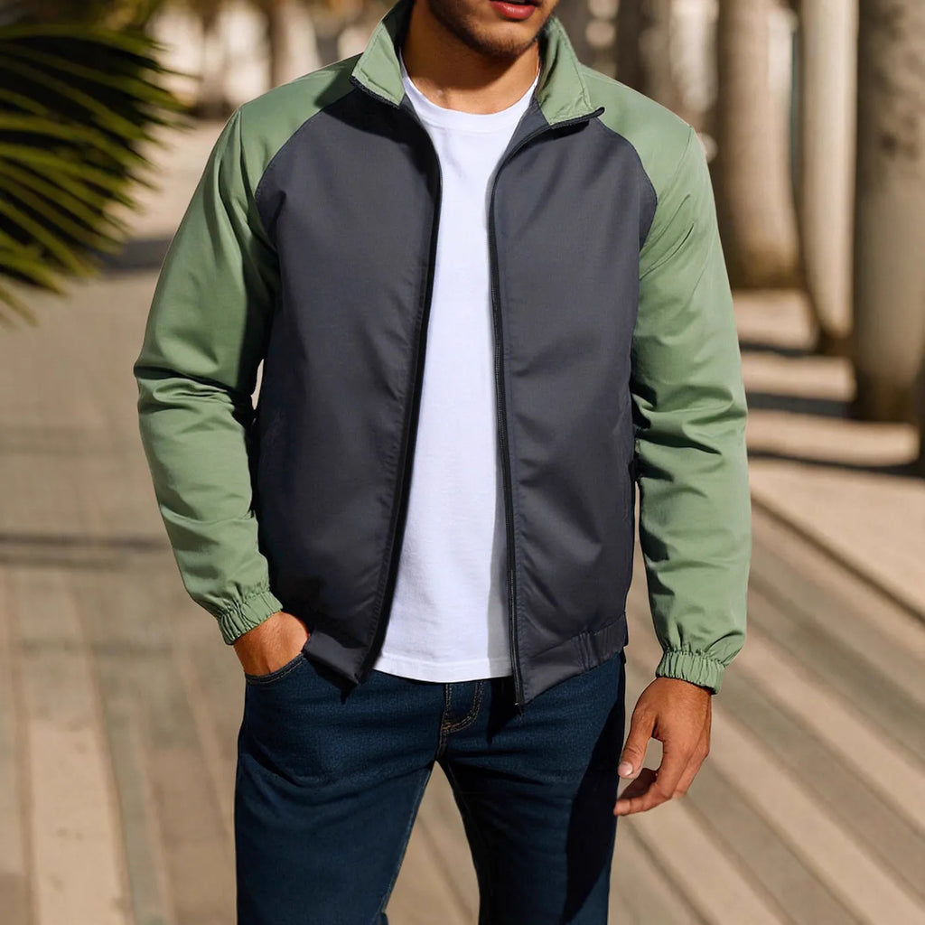 Men's casual stand collar contrast colour jacket in loose fit, polyester blend, green colour, front view