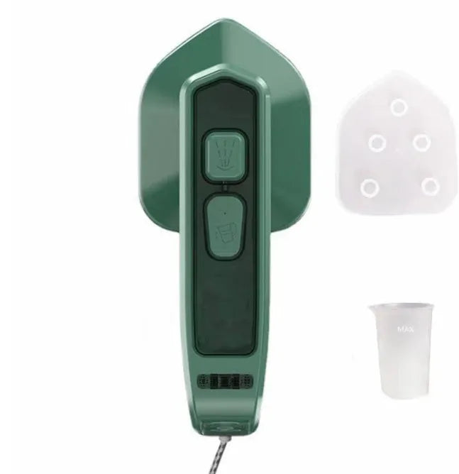 Dark green portable handheld hanging steam ironing machine with ceramic panel on a white background.
