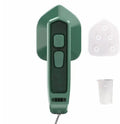 Dark green portable handheld hanging steam ironing machine with ceramic panel on a white background.