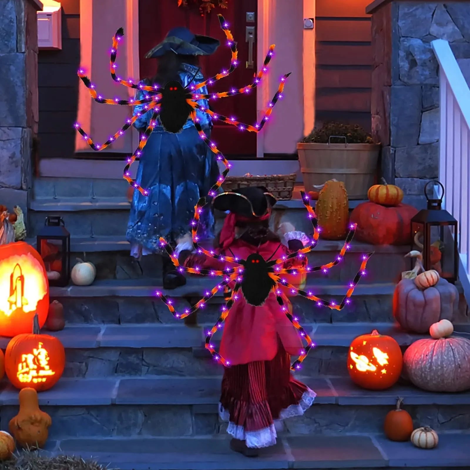 Halloween spider backpack with LED lighting in plush sugar bag construction