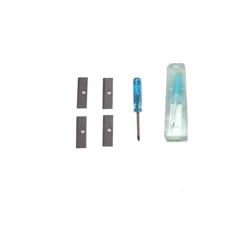 Geometric-shaped plastic pencil sharpener with four holes and an included screwdriver tool.