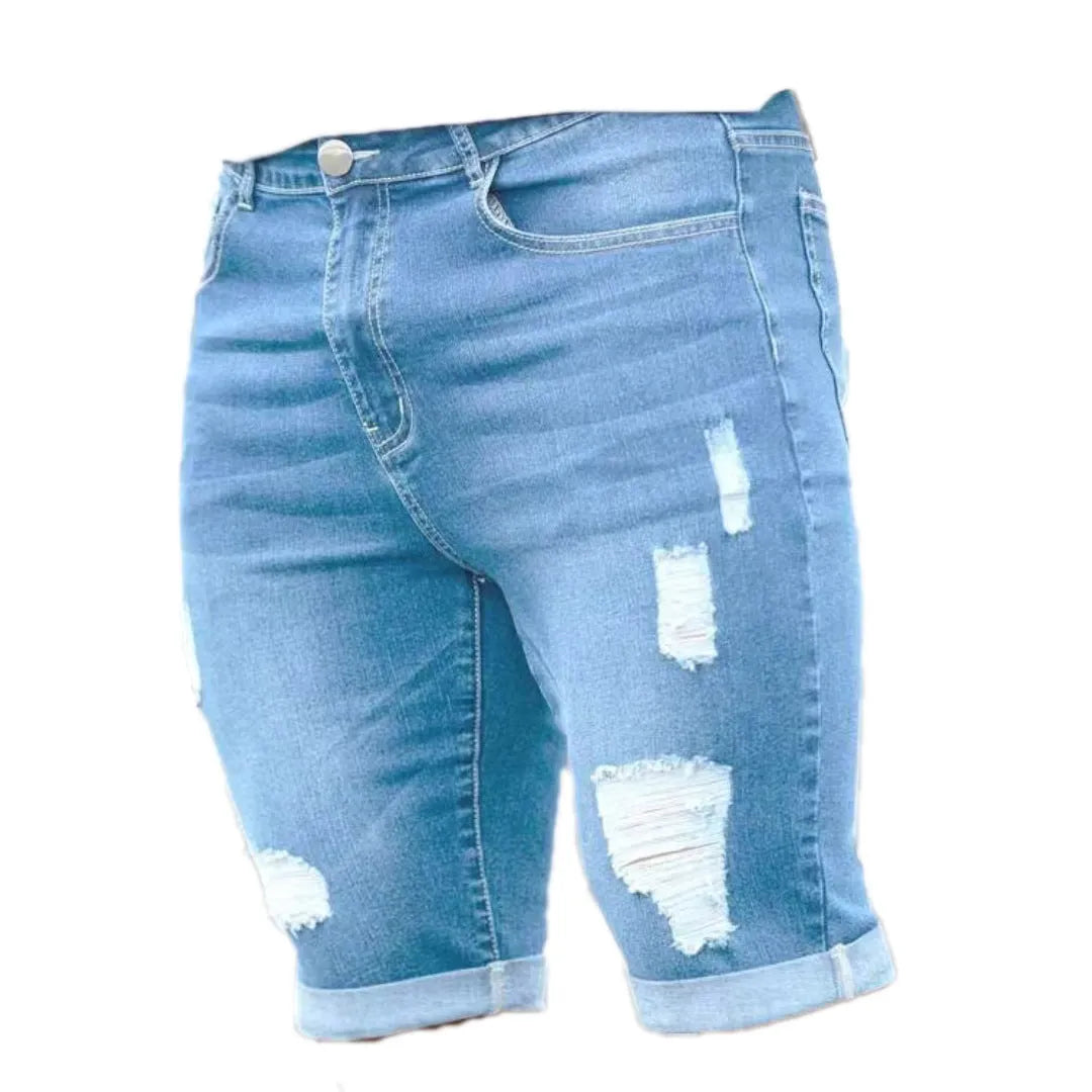 Men's sky blue denim shorts with multi-hole design, low waist, straight fit, and zipper fly on a hanger