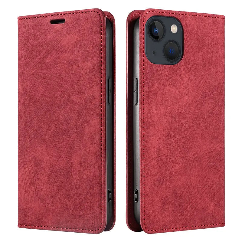 Magnetic flip phone case for iPhone in genuine leather and TPU, showing black, brown, and blue colour options.