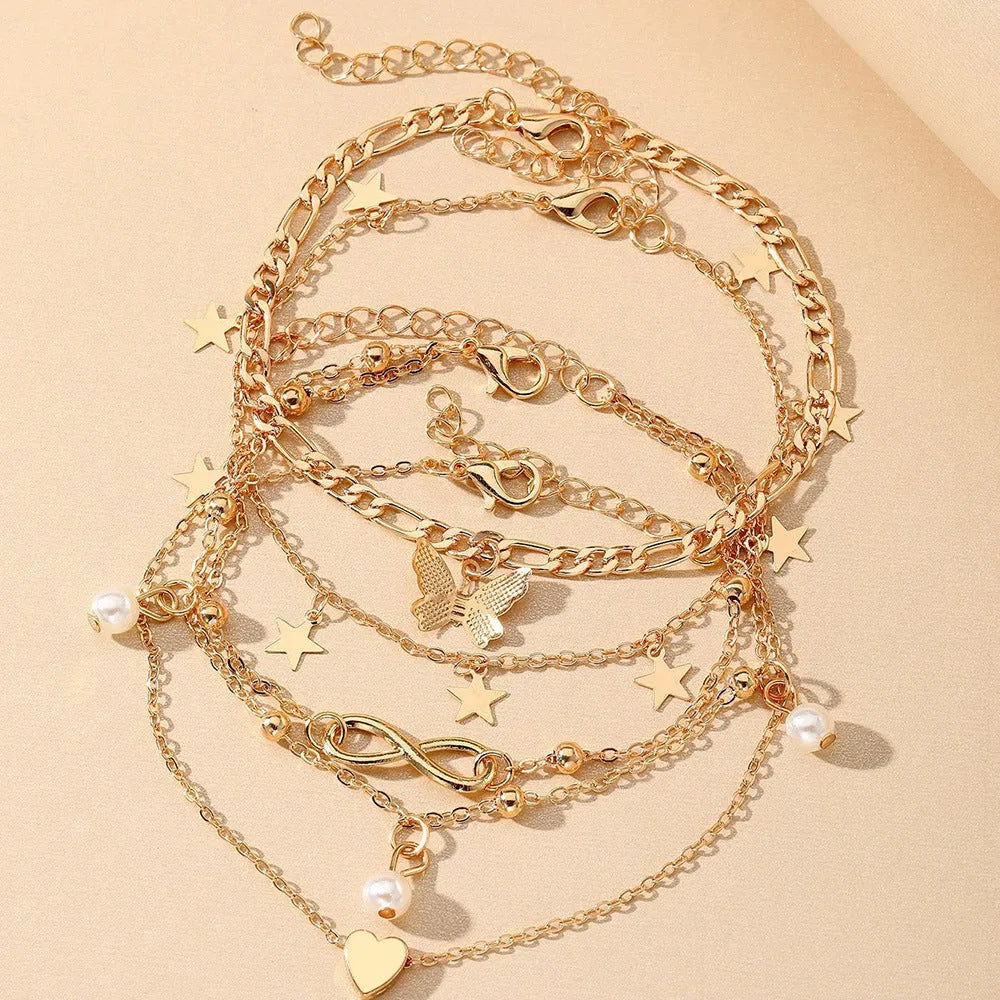 Alloy butterfly pearl heart anklet 4-piece set multi-layer simple style women's jewellery