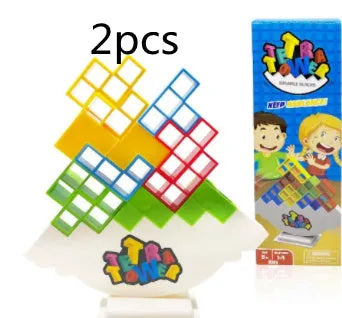 Plastic balance stacking game with 16 coloured blocks, chassis and base for family travel parties