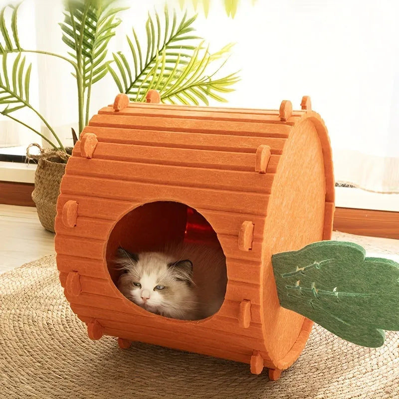 Grey thick felt semi-enclosed cat tunnel nest bed showing its drilled entrance and soft interior.
