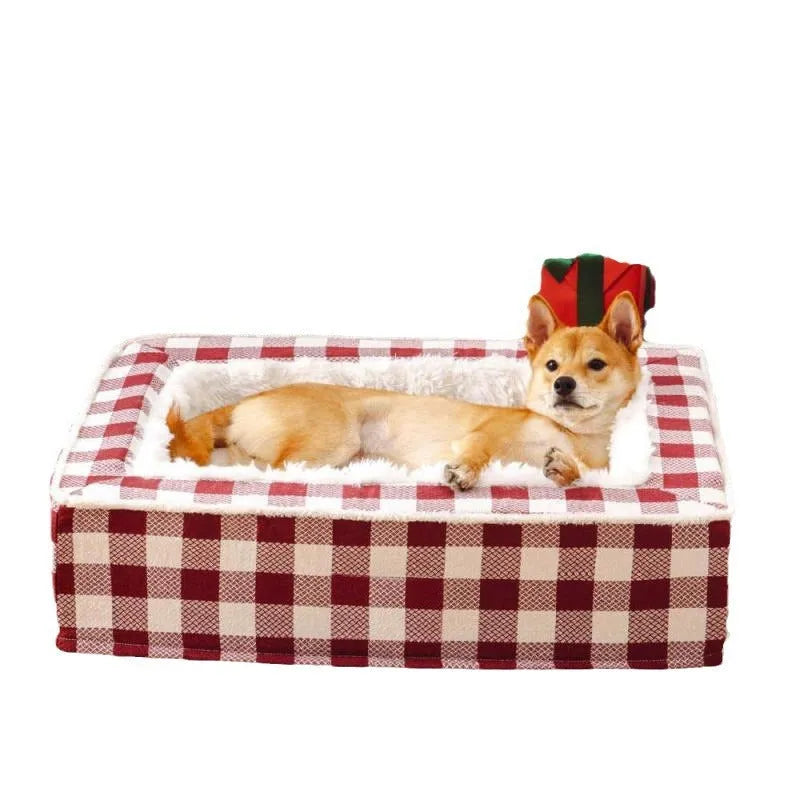 Classic plaid removable washable cloth dog cushion for kennel in black, blue, brown, red sizes M L XL