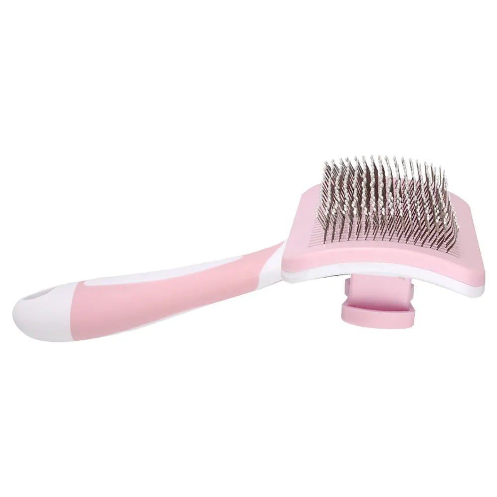 Self-cleaning slicker brush for dogs and cats with gentle bristles and one-click hair release button