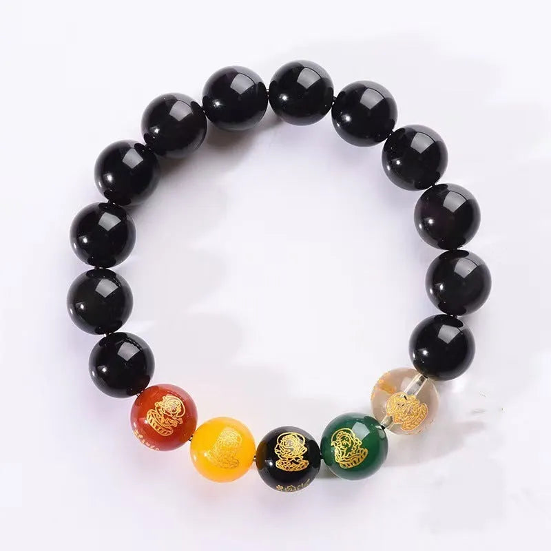 Single circle Five Gods of Wealth rainbow eye obsidian bracelet with polished crystal beads, 10mm size, on white background