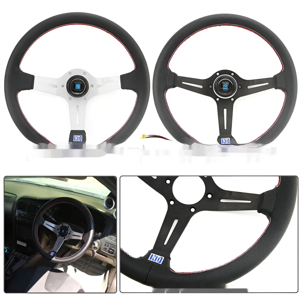 BMW steering wheel with leather surface and middle concave design, silver black colour