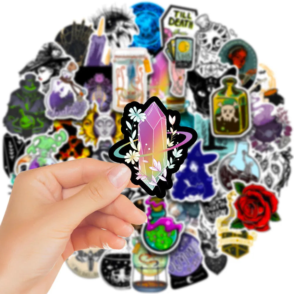 Pack of 50 colourful waterproof PVC stickers for laptops and skateboards, sizes 3-8cm.