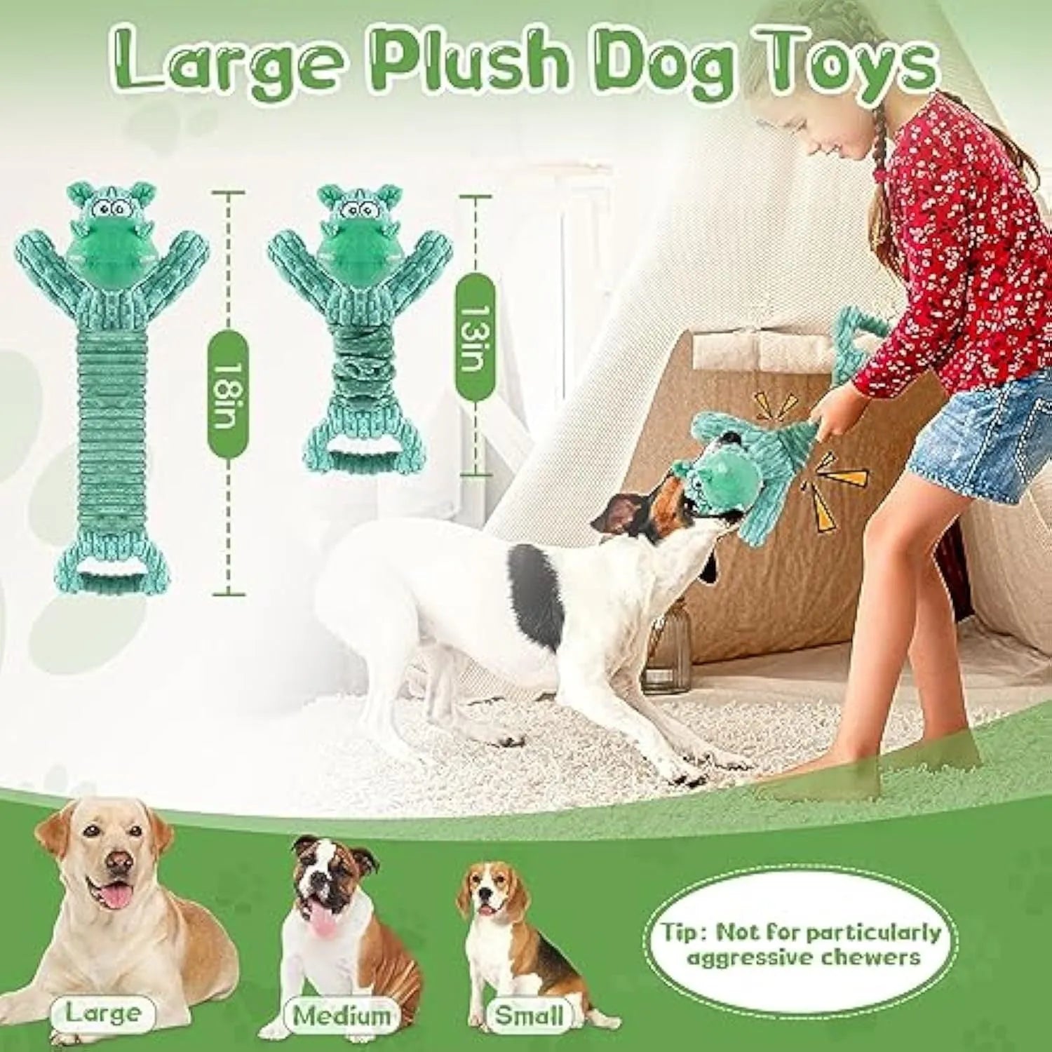 Large plush dog toy in Hippo or Monkey design with a handle for tug-of-war.