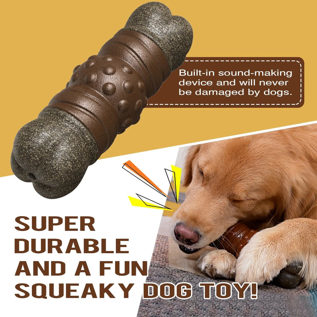 Wood colour bone-shaped plastic dog toothbrush toy with sound-emitting feature