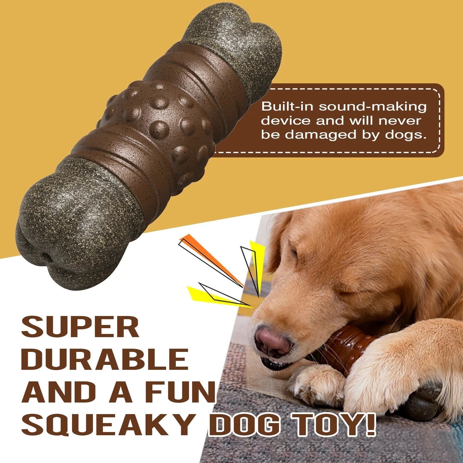 Wood colour bone-shaped plastic dog toothbrush toy with sound-emitting feature