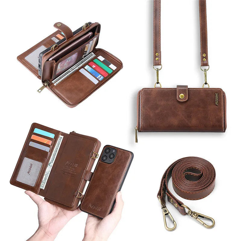 Detachable wallet backpack leather flip phone case for iPhone and Samsung Galaxy Note in black, blue, brown or red