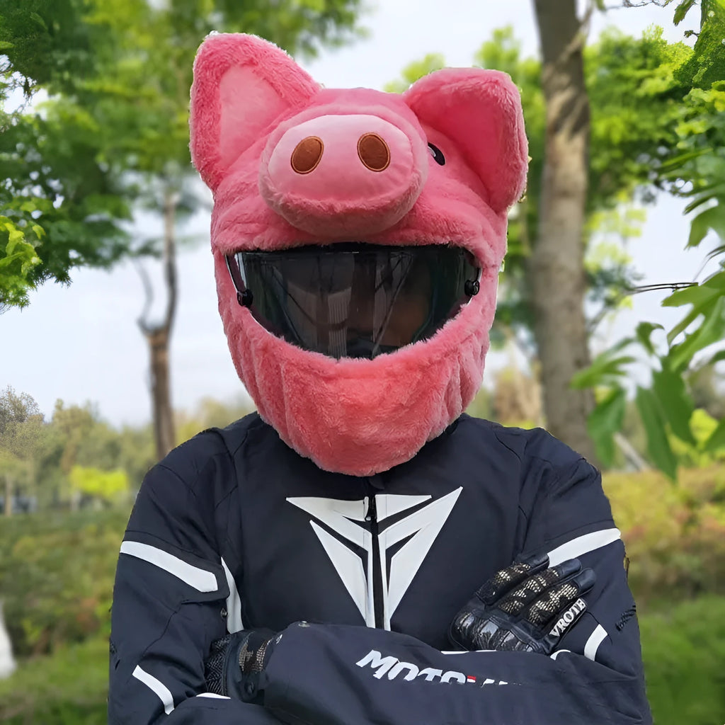 Pink pig cartoon design motorcycle helmet protective hood made from soft pv velvet cloth
