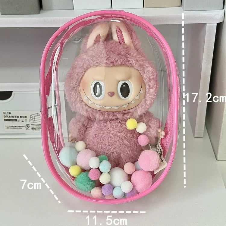Transparent PVC cube storage bag in 13cm, 17cm, or 23cm size with keychain for dolls, postcards, or candy.