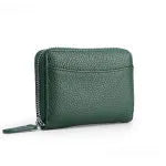 Genuine leather zipper coin storage bag in solid colour with sewing line detail and anti-theft swiping function