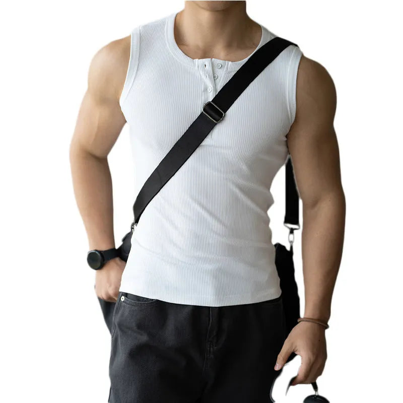 Four-sided stretch sunken stripe fitness vest in black, front view, straight hem, cotton-spandex-polyester blend