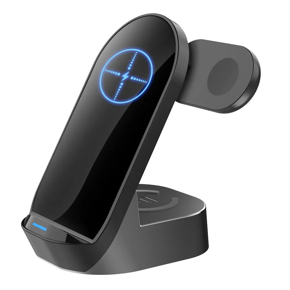 Black foldable 3-in-1 wireless charger stand vertical view showing phone watch and earbud charging spots
