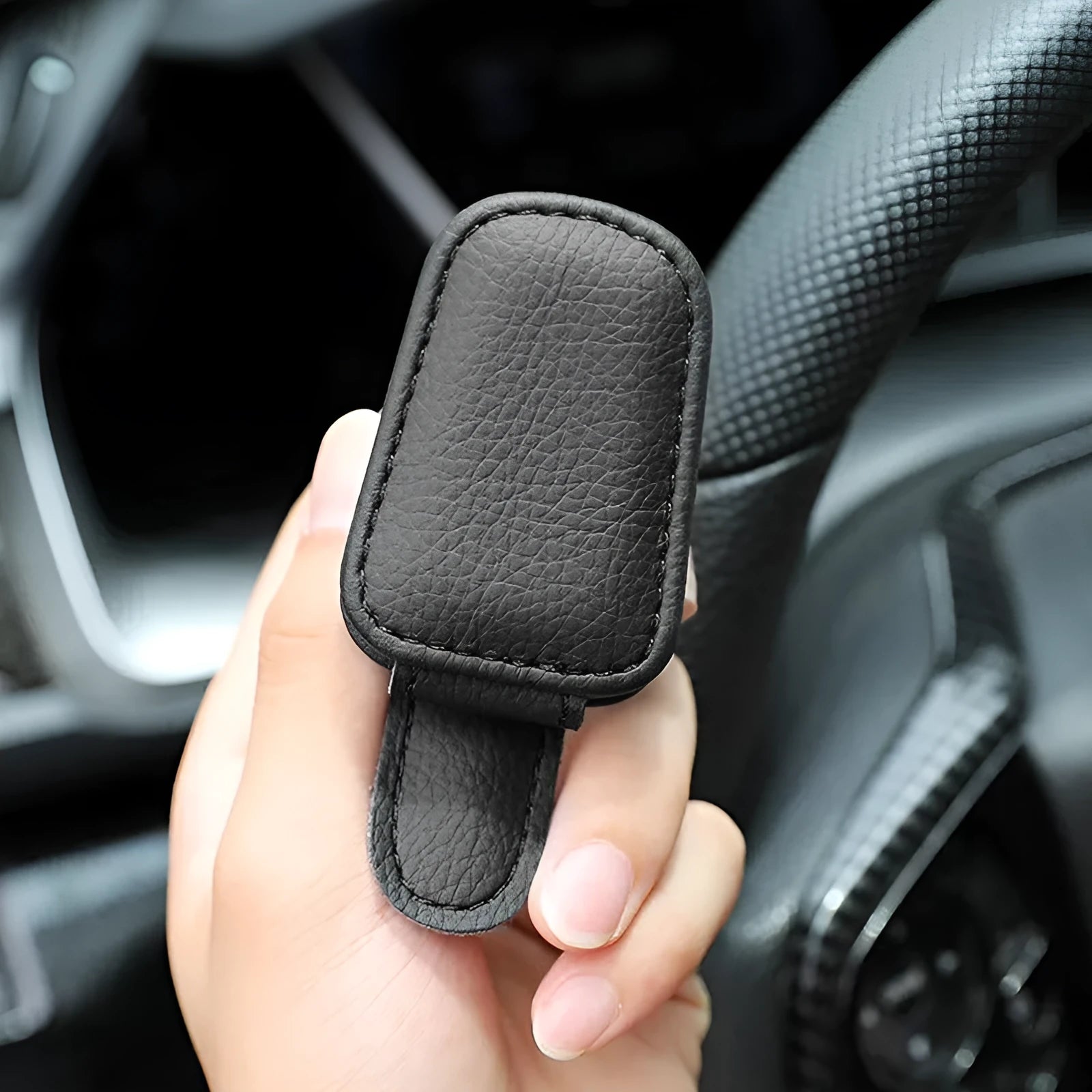 Car sunglasses holder made from PU leather clipped onto sun visor, beige colour, universal size