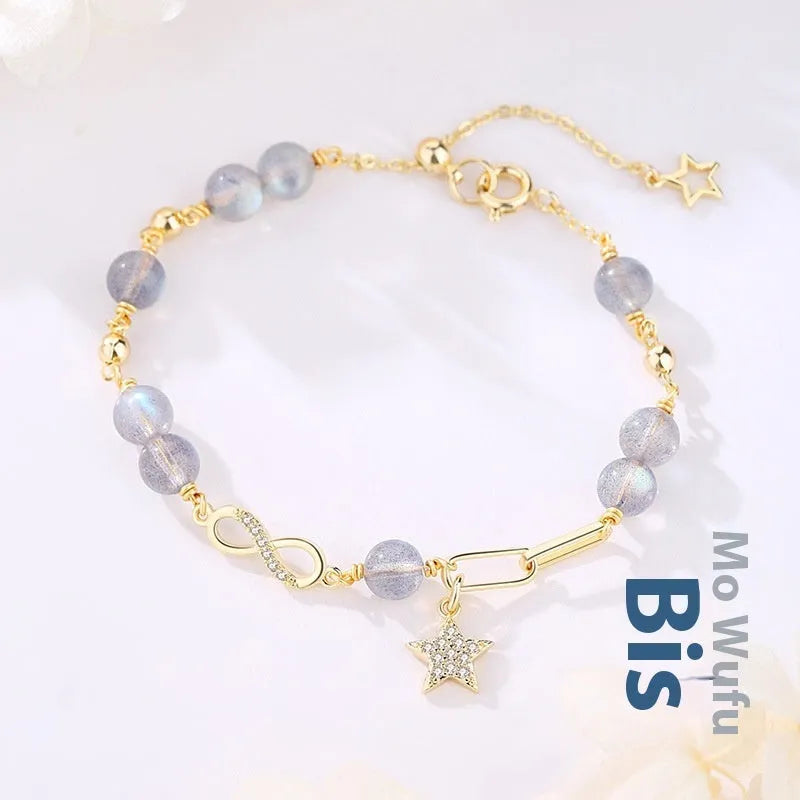 Natural Gray Moonstone Mobius crystal bracelet with Chinese style constellation design