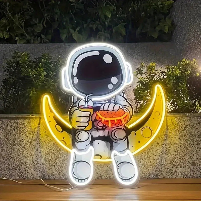 Astronaut wall mounted LED neon light in blue lemon yellow with USB power cord, 30x35cm plastic construction