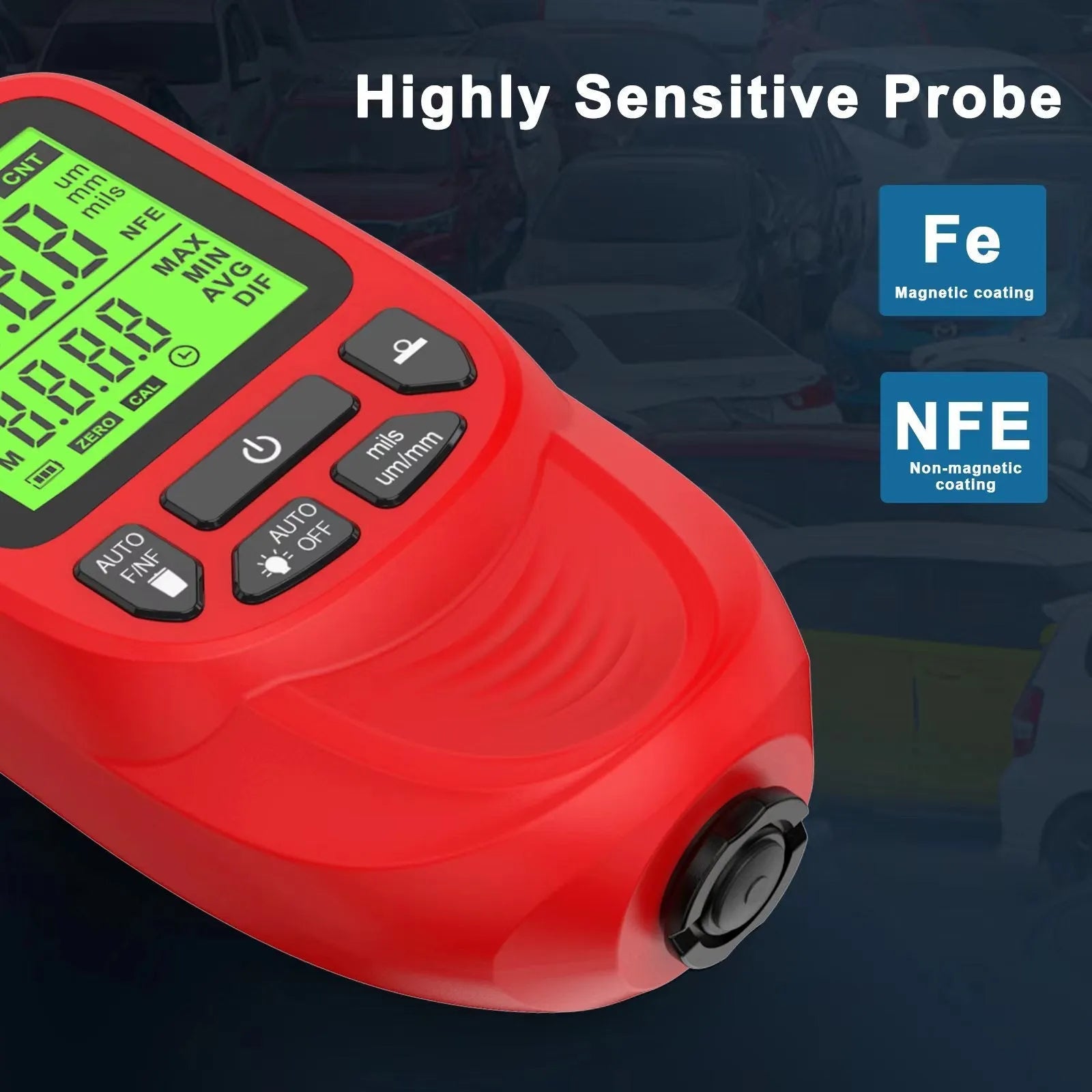 Hw-400s thickness gauge in black, measuring coating on metal surface, ABS body with digital display