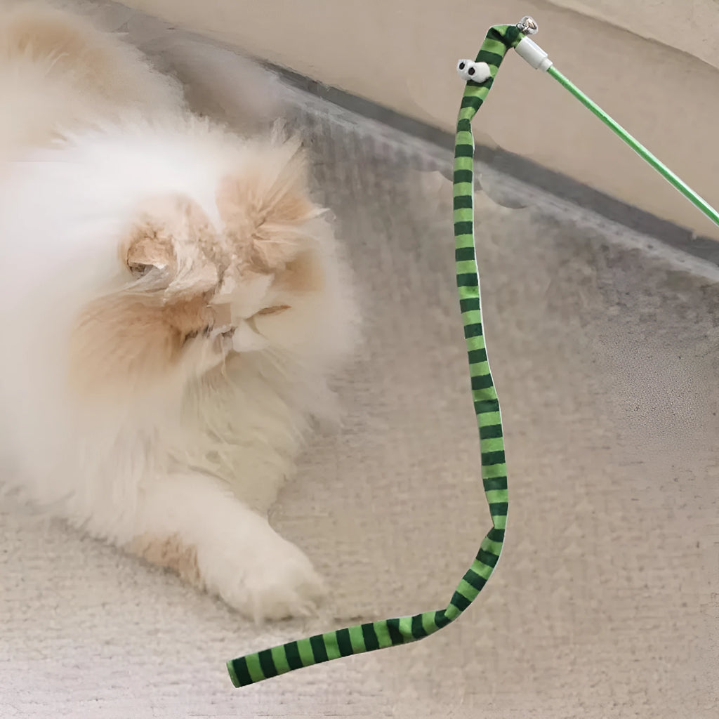 Cat teaser wand toy with long plush strip and bell on a polycarbonate pole.